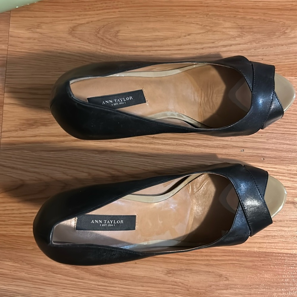 Ann Taylor black and nude shoes with open toes and high heel